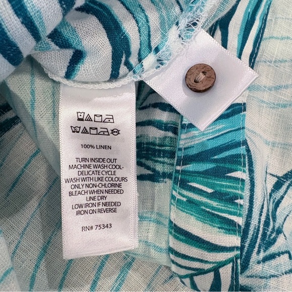 Tahari 100% Linen Teal Blue White Leaf Print Button Back Blouse - Picture 6 of 6